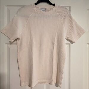 Zara Off-White Ribbed Short Sleeve Top